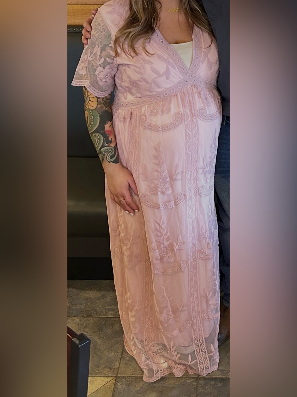 Women's Maternity Pink Embroidered Lace Dress